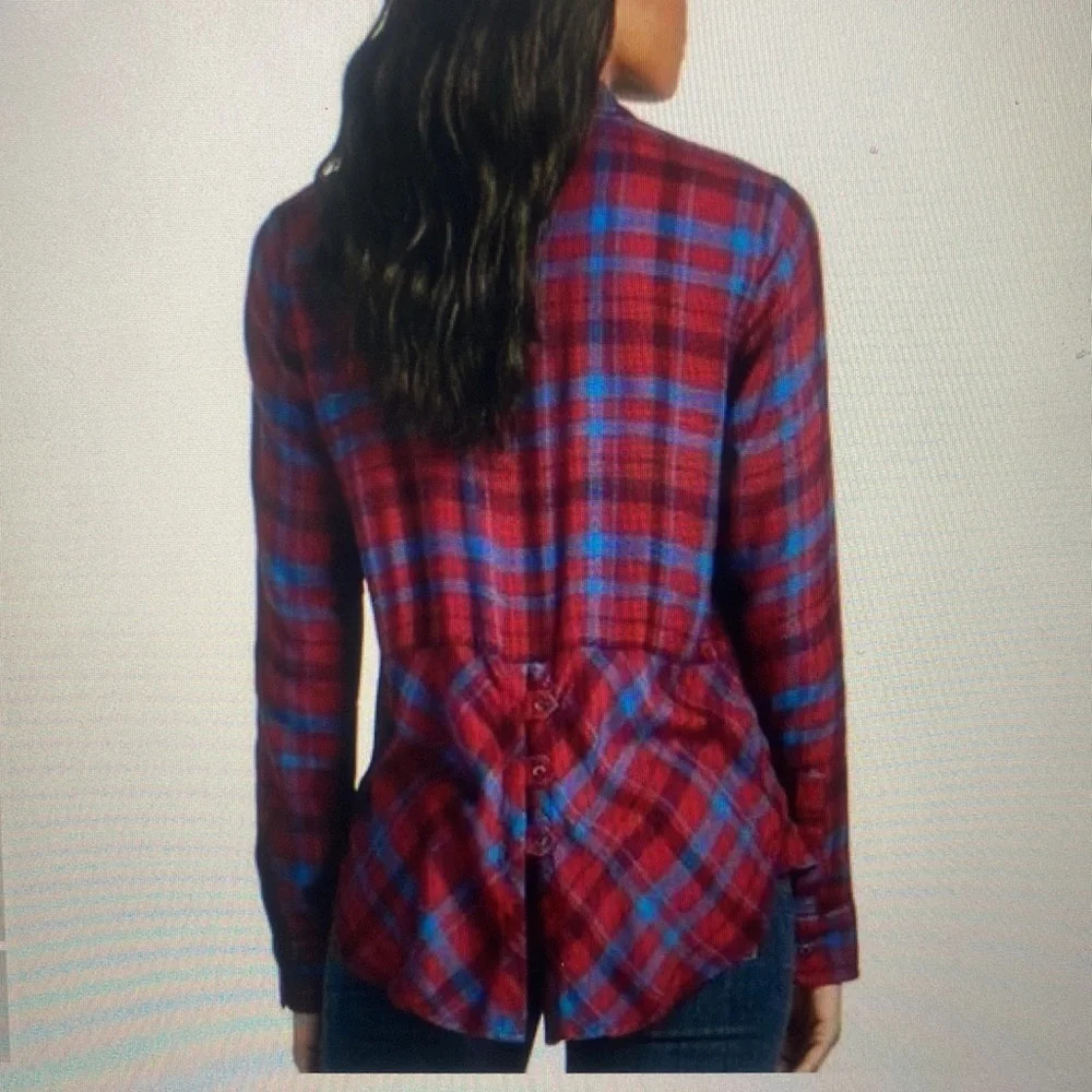 Lucky Brand  Maroon and Blue plaid Flannel Button down  shirt  Size XL - Picture 2 of 8